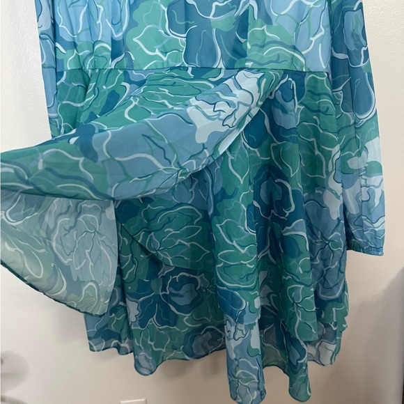 Seta T Women's V Neck Floral Long Sleeve Chiffon Ruffle Mini Dress Green Large - Picture 7 of 7